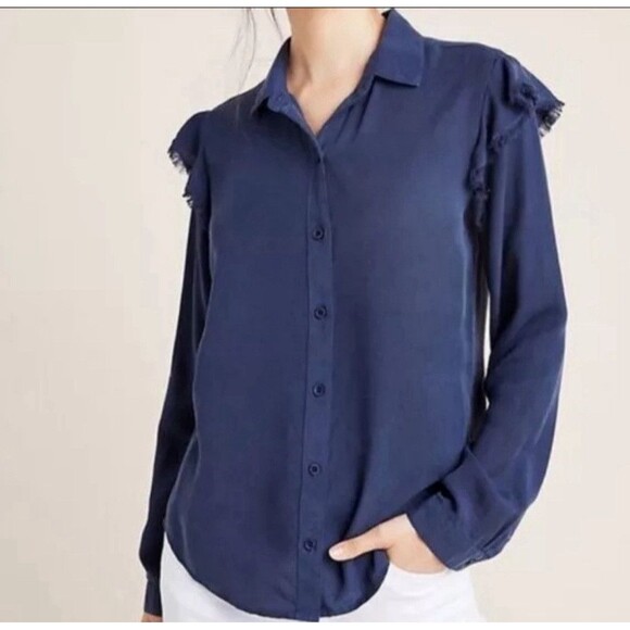 Anthropologie Cloth & Stone Frayed Ruffle Button Down Shirt - Navy - Women's XS - Picture 1 of 9